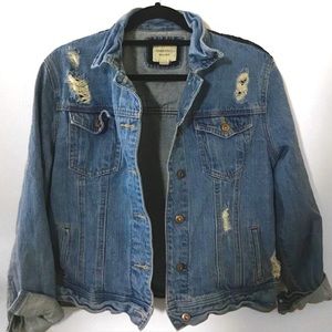 Distressed Medium Wash Denim Jacket w/ Lace Panel